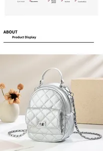 Macro view of silver quilted mini backpack detailing metal chain and PU leather texture