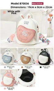Detailed view of sweet rabbit backpack featuring 3D ears, embroidery and 19x8x22cm dimensions