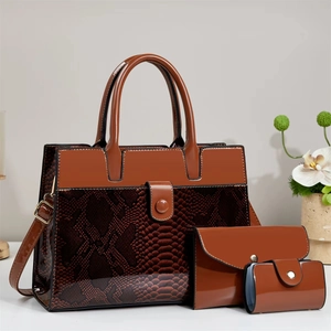 Three-piece brown patent leather handbag set featuring chic snakeskin embossed details