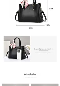 Size comparison and dimensions of this black PU leather handbag with floral scarf detail