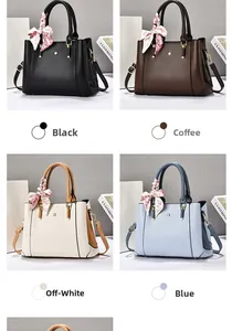 Detail view of four color options for PU leather handbags with silk scarf decorations