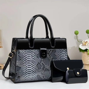 Women Fashion Handbag Shoulder Bag Set With Tote Clutch Card Holder Snakeskin Embossed PU Patent Leather Large Capacity