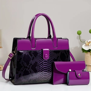 Purple faux snake leather tote handbag set including crossbody bag and small pouch