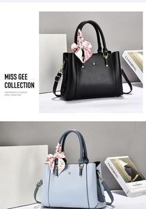 Detail of leather tote bag with lychee texture and floral silk scarf handle decoration