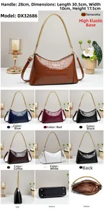 Detailed views of faux crocodile leather handbag showing dimensions and 6 color options