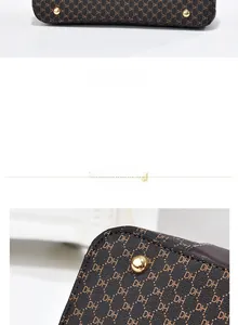 Détails d'un sac à main marron avec motif DH et quatre pieds de protection dorés au fond