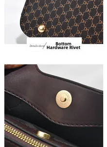 Détail des rivets dorés et du fermoir magnétique sur le cabas en cuir à monogramme