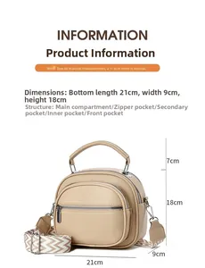 Detail view of beige crossbody bag with dimensions 21x9x18cm and woven shoulder strap