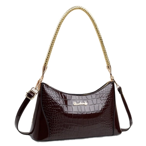 Dark brown faux crocodile leather tote bag with glossy finish and gold metal logo