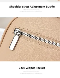 Detail view of the beige pebbled leather shoulder bag featuring a silver rear zipper pocket