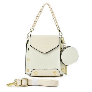 Chic beige crocodile texture square handbag with woven handle and coin purse charm