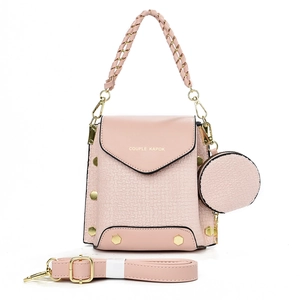 Pink large capacity shoulder bag with woven handle and matching coin purse set