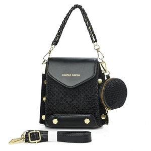 Women PU Leather Small Square Crossbody Bag Woven Handle Rivets Round Coin Purse Fashion Shoulder Bag Daily Handbag