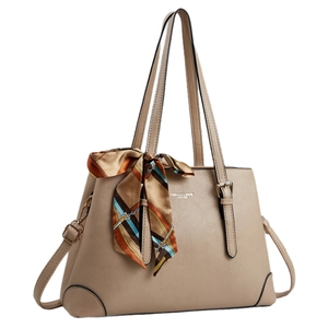 Sac à main beige en cuir avec foulard imprimé et bandoulière longue pour femmes