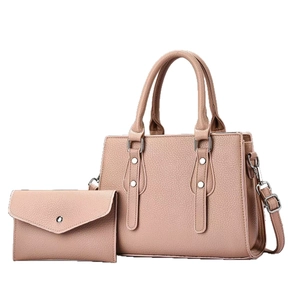 Litchi texture nude pink handbag set for women with shoulder strap and small wallet