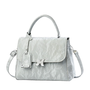 Gray pleated leather handbag for women featuring a butterfly clasp and top handle