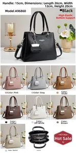 Detailed view of women's pebble leather handbag internal structure and multiple color options
