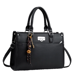 Elegant black lychee textured PU leather tote bag with silver lock and pendant charms