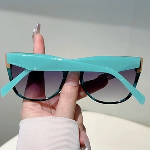 Macro detail of mint green resin frame sunglasses with purple gradient lenses