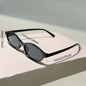 Detailed dimensions of black oval sunglasses showing frame height, width and temple length