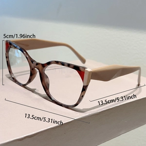 Detail showing dimensions of tortoiseshell cat eye glasses frames with beige temples