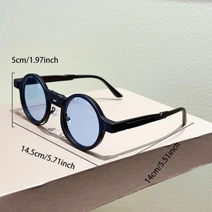 Detailed size chart of vintage round sunglasses with black frame and light blue lenses
