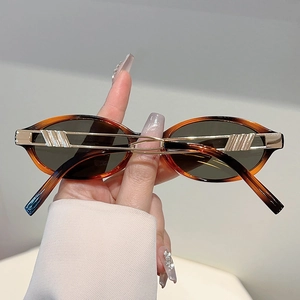 Detail of tortoise shell oval sunglasses frame with elegant golden metal hinge accent