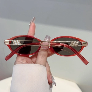 Detail view of retro oval sunglasses with red transparent frame and gold metal temples