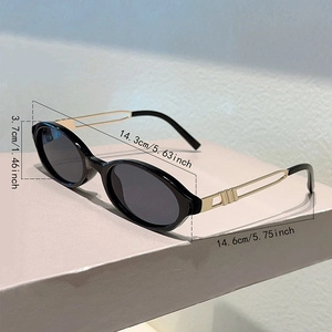 Detailed dimensions of black oval Y2K sunglasses with gold hollow metal temples