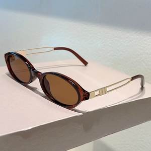 Close-up of vintage oval sunglasses featuring tortoise frame and gold metal hollow hinge