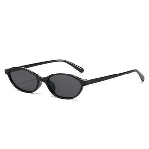 Classic oval frame black sunglasses with dark grey lenses in a 45-degree angle view