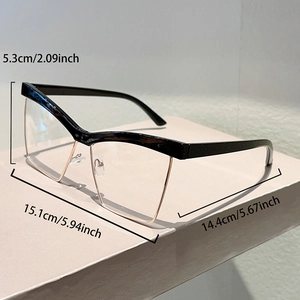Detailed dimensions of cat-eye square frame glasses with 15.1cm width and 5.3cm height