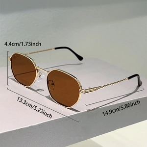 Detail view of retro metal frame sunglasses with dimensions and textured gold temples
