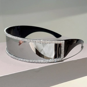 Close-up of rimless wrap sunglasses with double-row rhinestones and silver mirrored lenses