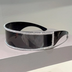 Futuristic rimless oversized sunglasses with sparkling rhinestones in a sleek black finish