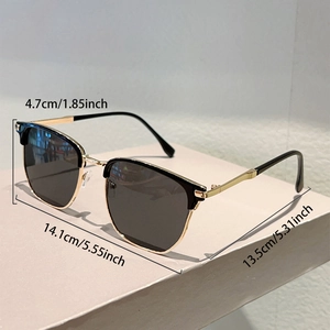 Detailed size chart for retro semi-rimless sunglasses with gold metal frame measurements