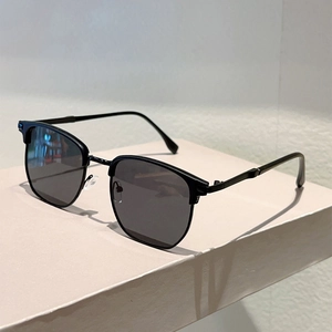 Close-up of semi-rimless sunglasses featuring black frames and metal bridge details