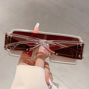 Détail de lunettes de soleil carrées oversize avec monture transparente et vis en métal