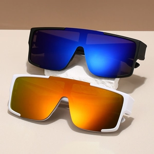 Detail of oversized polarized sports sunglasses with wrap-around frames and mirror lenses