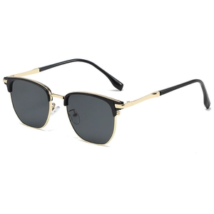 Classic half-frame retro sunglasses with black lenses and gold metal bridge details
