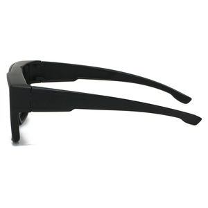 Detail view of durable matte black sports sunglasses frame with sturdy wide temple design