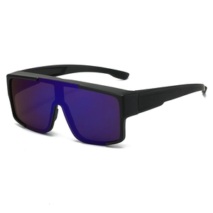 Detail of matte black cycling sunglasses with blue-purple mirrored one-piece lenses