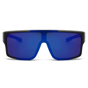 Front view of matte black sports sunglasses with reflective blue mirrored lenses
