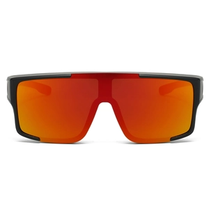 Front view of cycling sports sunglasses with orange mirror lens and black frame
