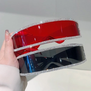 Y2K rimless shield sunglasses with sparkling rhinestones in red and black colors