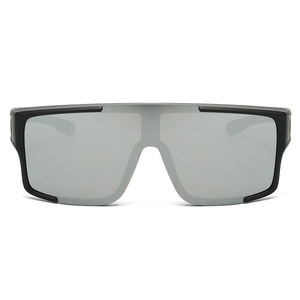 Close-up of sporty oversized sunglasses with silver mirrored lenses and black frame