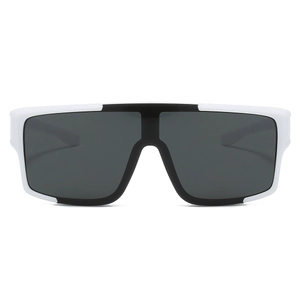 Detail of white wrap-around sports sunglasses with dark grey lenses for cycling and running