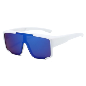 Close-up of white oversized cycling sunglasses with blue mirrored lenses for sports