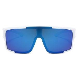 Front view of white sports sunglasses with large blue mirrored lenses for cycling