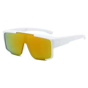 Detail of white sport sunglasses with gold mirrored lenses and seamless one-piece frame